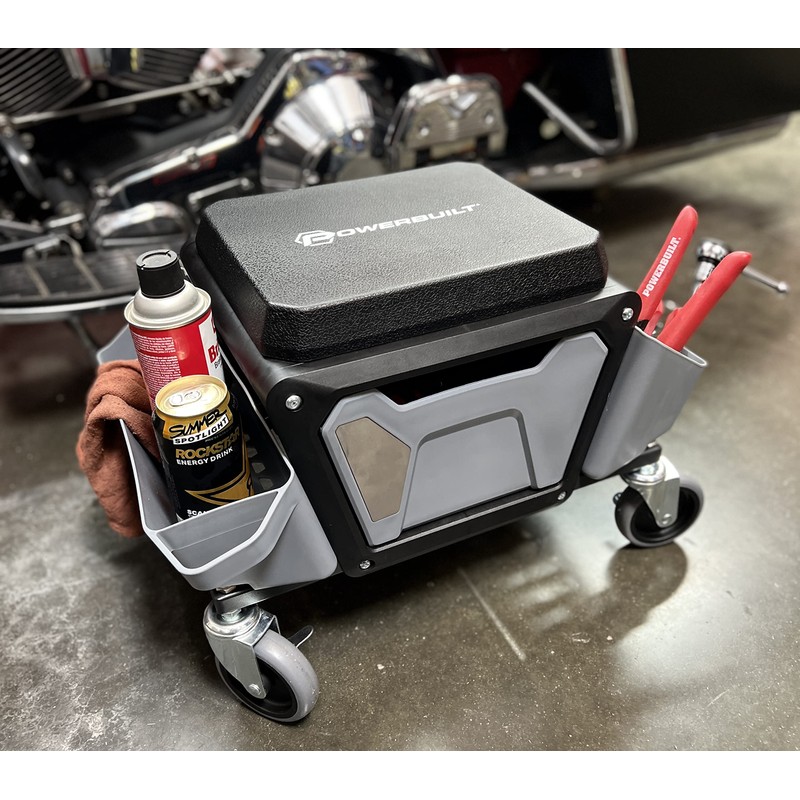 Powerbuilt Rolling Work Seat Brake Stool with 4-inch Rubber Lockable