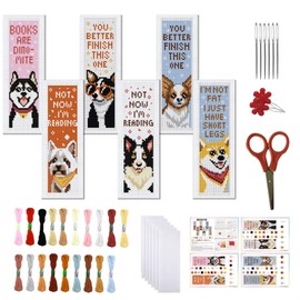 FREEBLOSS Set of 6 with Cross Stitch Bookmark Sets with Puppy Stamp, Cross Stitch Set, Stick Bookmark Set for Adults and Beginners with Felt Embroidery Thread on the Back for Book Lovers, 8 x 2.4