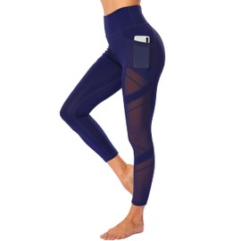 WE CUFFLLE Women's Mesh High Waist Leggings Yoga Pants with Pockets Tummy Control 4 Way Stretch Workout Yoga Leggings Dark Blue