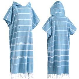 1pcs Turkish Cotton Surf Poncho Changing Towel Swim Robe with Pocket Plus Size Swim Cover Up Wearable Towel Hooded Beach Towel for Adult Man Women Beach Pool (Blue, L)