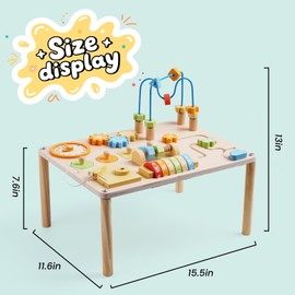 Activity Table for 1+ Year Old, 8-in-1 Wooden Montessori Activity Center Table with Shape Sorter Math Game Bead Maze, Baby Sensory Toy Learning Toys for Toddler First Birthday Gift