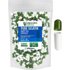 XPRS Nutra Size 0 Empty Capsules - 500 Count Empty Gelatin Capsules - Capsules Express Empty Pill Capsules - DIY Capsule Filling - Pure Bovine Pill Capsules Empty Gel Caps (Green / White)