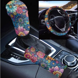 TOADDMOS Blooming Floral Flowers Steering Wheel Covers+Car Knob Gear Stick Protector+Auto Handbrake Cover 3 Piece Set for Women Girls Stylish Universal Auto Interior Protective Cover