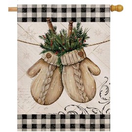 Hzppyz Winter Gloves Home Decorative House Flag Buffalo Plaid Check Farmhouse Garden Yard Outdoor Large Burlap Flag Sign Christmas Outside Decoration Xmas Seasonal Decor Double Sided Black White 28x40