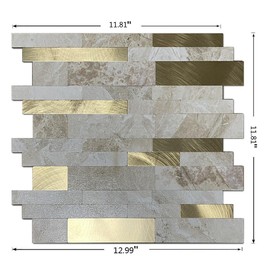 XUANINY 10-Sheet Peel and Stick Metal Backsplash Tiles, Self Adhesive Aluminum 3D Wall Sticker, Wall Panels for Kitchen Bathroom, Bedroom, Living Room(11.81"x11.81") (Beige Yellow Marble, 10)