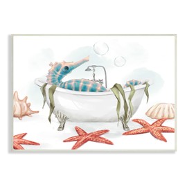 Stupell Industries Seahorse Resting Nautical Bath Tub Starfish Bubbles, Designed by Ziwei Li Wall Plaque, Red