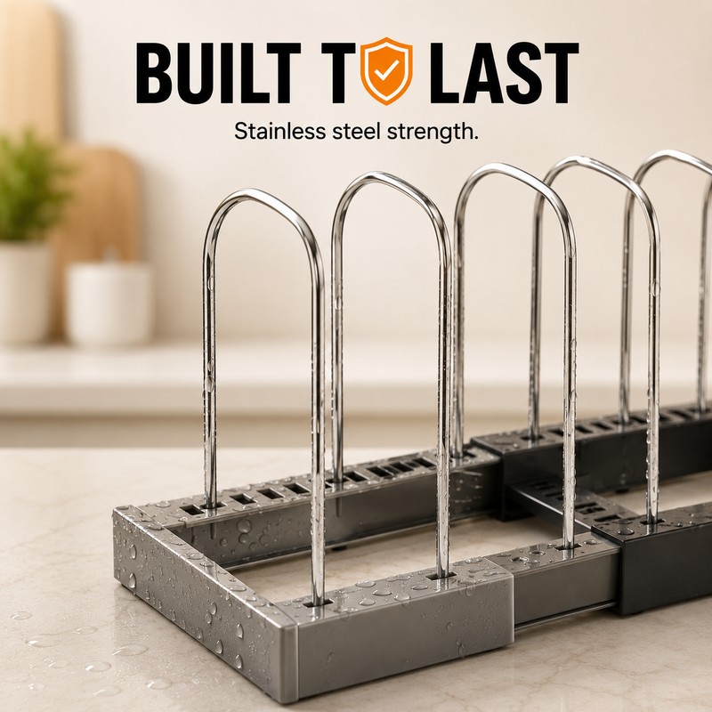 Expandable Kitchen Cabinet Organizer with 7 Adjustable Stainless Steel Dividers