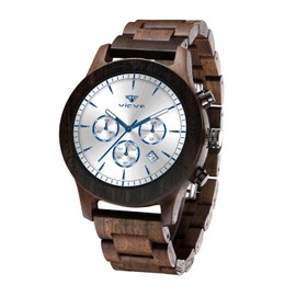 VICVS Men's Wooden Watch, Natural red Sandalwood/Black Walnut Japanese Quartz Multi-Function Chronograph (Walnut White)