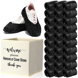 Unittype 300 Pcs Black Disposable Waterproof Shoe Cover with 1 Pcs Beige Indoor Foldable Storage Box Welcome Please Remove or Cover Shoes Sign for House, Fit up to Size 11 Us Men and 13 Us Women