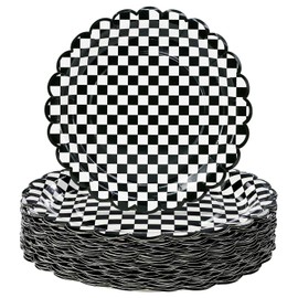 HEIPINIUYE 50 Pieces Black and White Checkered Paper Plates 7 Inch Race Car Scalloped Plates Disposable Dinner Plate for Wedding Baby Shower Birthday Party Dessert Plate