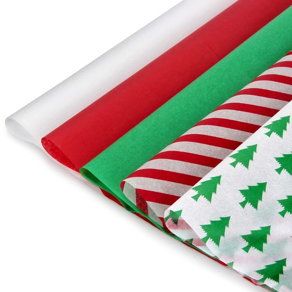 Blisstime Christmas Tissue Paper Gift Wrapping Paper, 120 Sheets, 13.5" X 19.5", White, Red, Green, Red Stripe, Christmas Trees Design
