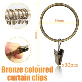 Plstod Pack of 30 Curtain Rings with Clips, Curtain Rings with Hooks, Curtain Rings Metal, 32 mm Curtain Rings with Clips, Curtain Hooks for Rings, Metal Clips for Curtains and Curtain Poles, Bronze