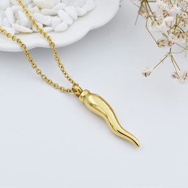 Italian Horn Cremation Jewelry for Ashes Stainless Steel Pepper Cremation Urn Pendant Necklace Memorial Ashes Keepsake Jewelry (Gold)
