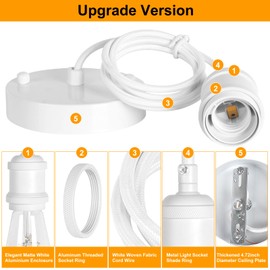Rkoyes Upgraded White Pendant Light kit, UL E26/E27 Lamp Socket with Aluminium Enclosure Pendant Light Cord, Industrial Hanging Light Cord Kit with Adjustable Length, Mini Edison Retro Lamp Socket