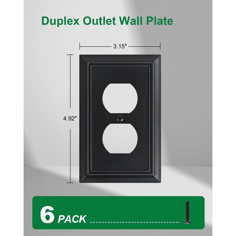 6-Pack Duplex Outlet Cover Plate, Decorative Matte Black Switch Plates
