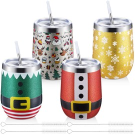 Sliner 4 Pcs Christmas Glitter Wine Tumbler 12 oz Stainless Steel Wine Tumbler Glitter Cup with Lid Straw and Brush Insulated Double Wall Travel Tumblers for Christmas Gift Friends Family