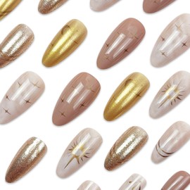 Gold Glitter Press on Nails Short Almond Gold French Tip Fake Nails Short Acrylic Nails Press ons with Starburst Designs Full Cover Glossy Holiday Stick Glue on Nails for Women Girls 24 Pcs
