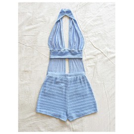 MakeMeChic Women's 2 Piece Y2K Outfits Summer Beach Knitted Backless Halter Tops and Micro Mini Shorts Set Blue Small