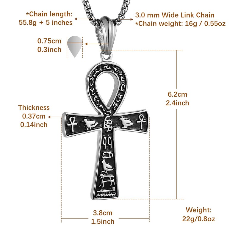 HZMAN Stainless Steel Large Ankh Cross Pendant Necklace Ancient Egyptian