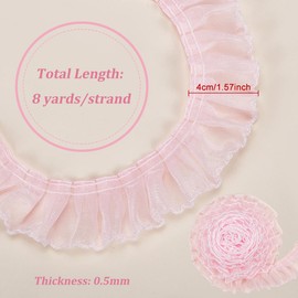 BENECREAT 8 Yards/7.3M Polyester Pleated Lace Trim, 40mm Wide Pink with White Border Ruffled Lace Ribbon for Garment Accessories DIY Craft Sewing Decoration