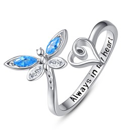 Palpitate Sterling Silver Dragonfly Adjustable Ring - Always In My Heart Memorial Heart Jewelry Gifts for Women