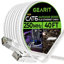 GearIT Cat 6 - Cable Ethernet plano para exteriores (40 pies, blanco) con clasificación de entierro directo LLDPE - Red de computadora para juegos RJ45 sin enganches, cable de conexión de Internet