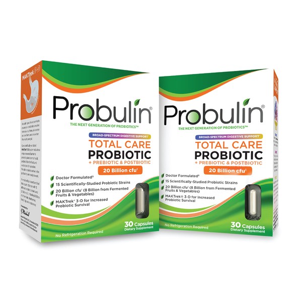 Probulin Total Care = Prebiotics + Probiotics + Postbiotics for Total Gut Health & Immune Support - Shipped Cold & Protected - 20 Billion CFU - 15 Probiotic Strains, 30 Vegan Capsules (Twin Pack)