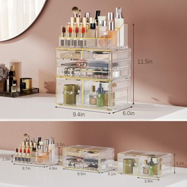Delamu 3pc 6-Drawer Makeup Organizer Countertop Bathroom Counter Organizer for Vanity | Skincare | Perfume | Lipstick Storage, Casual Pairing No Assembly, Ideal Gift for Women, Clear with Gold Trim