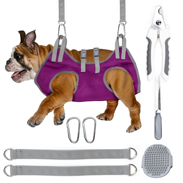 Ultivast Dog Grooming Hammock - Pet Grooming Hammock with Nail Clippers for Dogs, Nail File, and Dog Bath Brush - Dog Hammock for Grooming with Strong Center Straps for Extra Security (S, Purple)