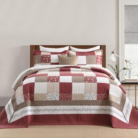 FineStichery 100% Cotton King Bedspread 120"x120", Oversized Quilt Set, Extra Wide Bedspread Coverlet, Plaid Floral Pattern, Lightweight Quilted Reversible Bedding Set, 3 Piece, Cream/Burgundy