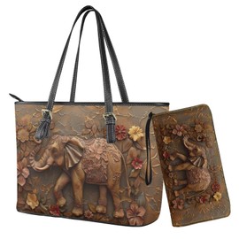 Sannovo Boho Elephant Print Top Handle Satchel Bags Floral Print Handbag and Wallet Sets Womens Satchel Purse Set Shoulder Purse with Leather Wallet Clutch, Brown
