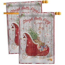 Christmas Sleigh Bells Ring House Flags 2 pcs Pack Winter Santa Marry Xmas Present Reindeer Season Wintertime Snow Small Decorative Gift Yard Banner Double-Sided Made In USA 28 X 40