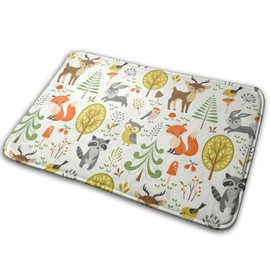 Forest Animals Berries Trees Birds Owls Fox Bunny Deer Raccoon Mushroom Bath Mat Non-Slip Absorbent Velvet Bathroom Rug Carpet Rugs for Entrance Indoor Doormat Mats