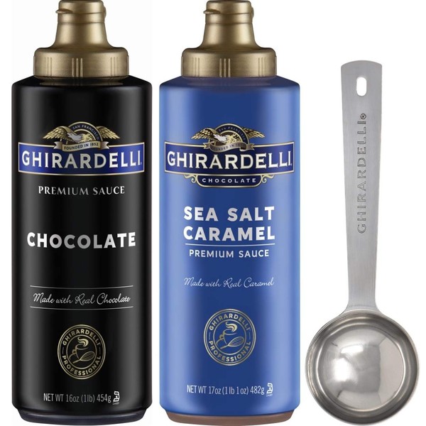 Ghirardelli - Sea Salt Caramel and Chocolate Flavored Sauce (Set of 2) - with Limited Edition Measuring Spoon