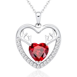 Reindeer Antler Love Heart Garnet Necklace for Women – S925 Sterling Silver Dainty Birthstone Deer Pendant,Gift for Her Mom Wife Daughter Girlfriend Lady,18+2 Inch Adjustable Chain,Perfect Unique Special Anniversary Valentine Dating Birthday Bridal Showe
