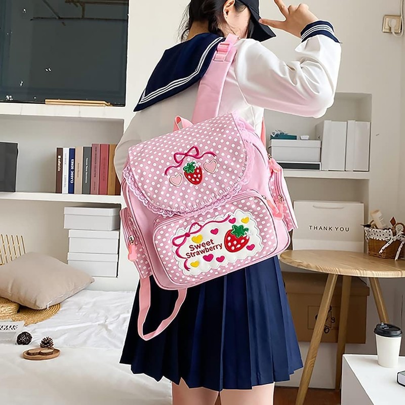 Sothuba Kawaii Strawberry Embroidery Backpack for Girls Teens Students School