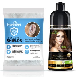 Herbishh Chestnut Brown 3 in 1 Hair Dye Shampoo 16.9 Fl.Oz + Hair Dye Stain Protection for Ears 100 pcs Combo Champu Para Canas Mujer, Color Shampoo for Gray Hair & Waterproof Plastic Ear Shower Caps