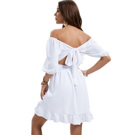 Fuinloth Womens Summer Sun Dresses Tied Back Puff Sleeve Square Neck Casual A-line Dress White Size Medium