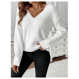 GORGLITTER Women's Bow Knot Sweaters Lace Trim Long Sleeve Ribbed V Neck Sweater Pullover White Medium