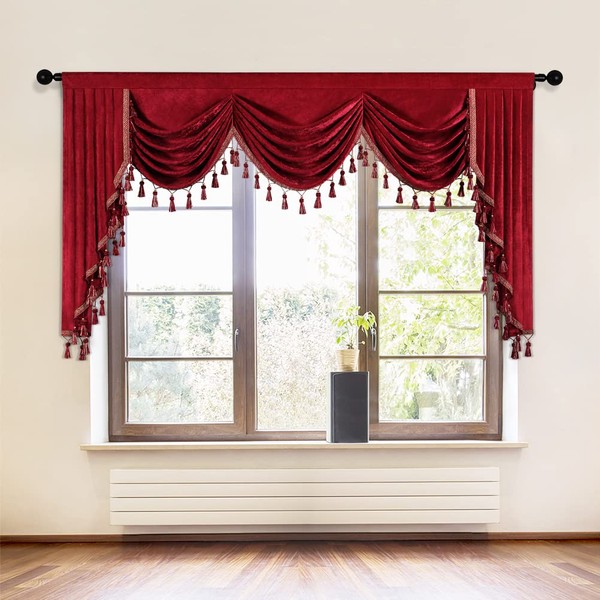 ELKCA Thick Chenille Window Curtains Valance for Holiday Burgundy Red Waterfall Valance for Bedroom,Rod Pocket (W79, 1 Panel)