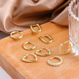 4 Pairs Small Chunky Hoop Earrings Set 14K Gold Plated Small Huggie Hoop Earrings Hypoallergenic Polished and Cubic Zirconia Oval Heart Hoops for Women
