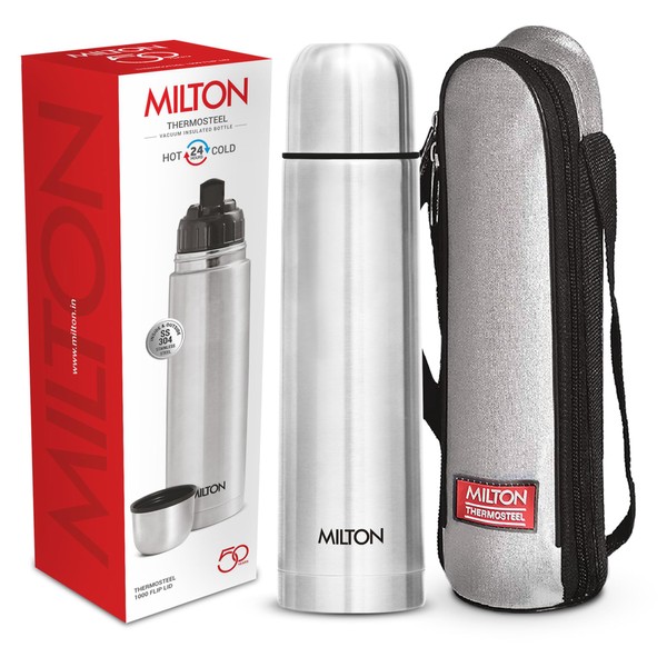 Milton Thermosteel Flip Lid 1000, Double Walled Vacuum Insulated Thermos 1000 ml | 34 oz | 1 LTR | 24 Hours Hot and Cold Water Bottle with Cover, Stainless Steel, BPA Free, Leak Proof | Silver