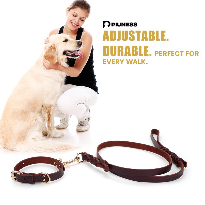 Piuness 100% Real Leather Dog Collar and Leash Set, Premium