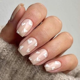 FIEONCIY Press on Nails Short Square Glossy Full Cover Acrylic Short Square False Nails with Heart Designs Artificial Square Fake Nails Glue ons Fingernails for Women Girls(YS122)