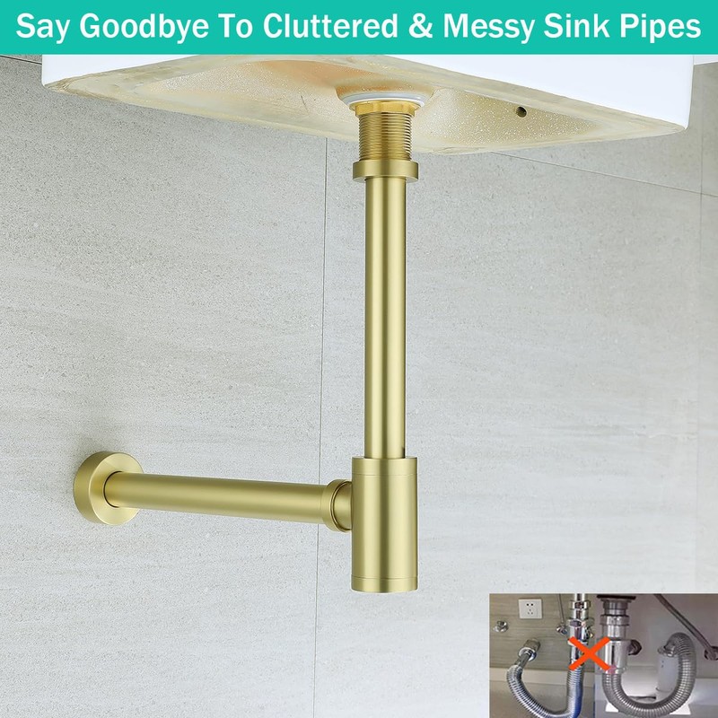 SEABEFORE Brass Round Bottle P-Trap 1 1/4, Adjustable Basin Sink