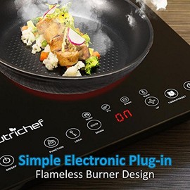 NutriChef Double Induction Cooktop - Portable 120V Digital Ceramic Dual Burner w/ Kids Safety Lock - Works with Flat Cast Iron Pan,1800 Watt,Touch Sensor Control, 12 Controls - PKSTIND48, Black