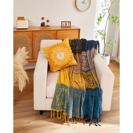 AIVIA Bohemian Throws Blankets, Chenille Woven Recliner Chair Throw Cover Futon Furniture Cover Sofa Slipcover Boho Bed Blanket - 60" x 75" Navy Teal Yellow