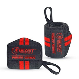 Beastpowergear Stiff Heavy Duty Wrist Wraps 18” 24” 36” Wrist Support Weightlifting, Powerlifting, Heavy Bench & Strength Training- Men and Women (Black/Red, 18")