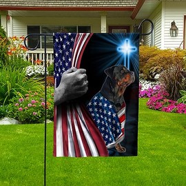 Hand Pulling Back USA Flag Rottweiler Dog Wearing Flag American Cross Christian Patriotic House Flag (3x5) Double Sided-USA Flags Premium Polyester-Decorative Indoor Outdoor Flag