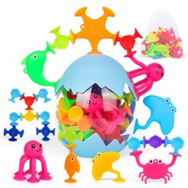 Kid Bath Suction Toys for 3 Year Olds, 50 Pcs Sensory Sucker Toys, Toddler Bathtub Toy with Dinosaur Eggshell Storage, Travel Window Stress Release Game, Children Gifts for Boys Girls Age 4-8